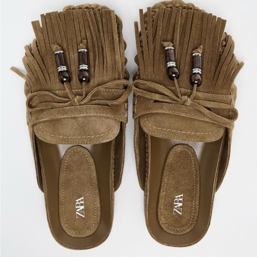 Zara Split Suede Fringe Mule Moccasins Brown Leather Beaded Slip-On EU 37